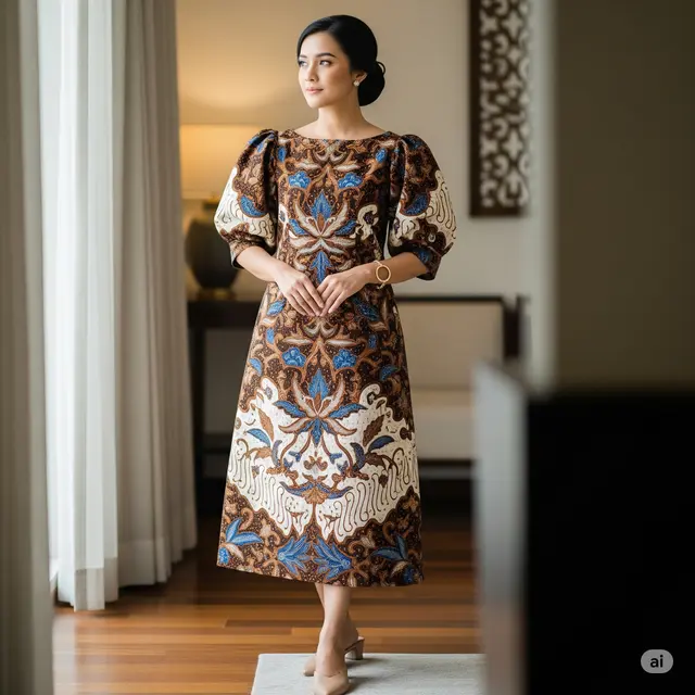 Model Dress Batik Lengan Puff Brokat Elegan
