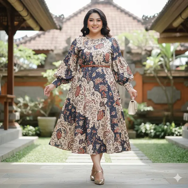 Model Dress Batik Lengan Bishop untuk Plus Size