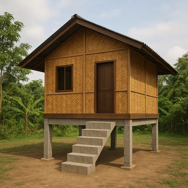 Model Rumah Sederhana Batako dengan Dinding Anyaman Bambu di Desa (Image by ChatGPT)