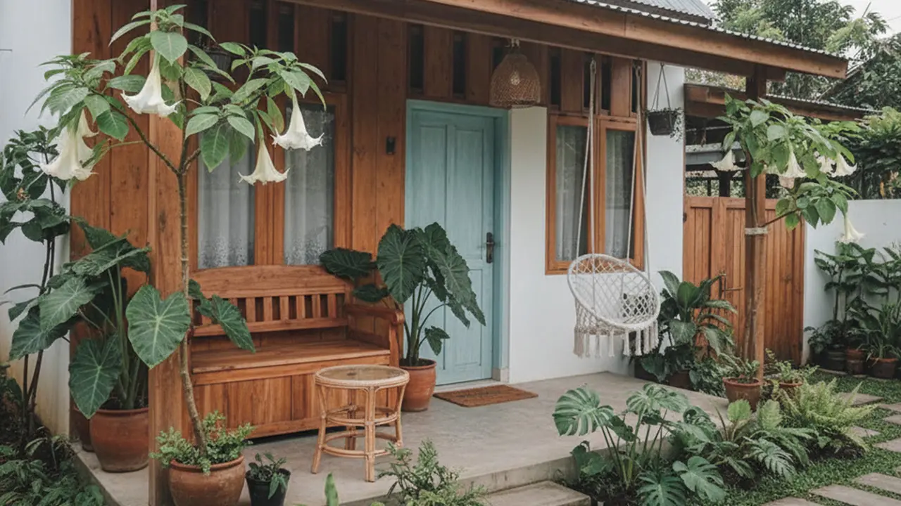 Model Rumah Kecil Tapi Luas dengan Tanaman Daun Lebar di Teras Depan