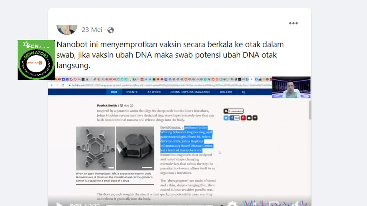 Tangkapan layar klaim swab test Covid-19 menyuntikan vaksin merusak DNA otak