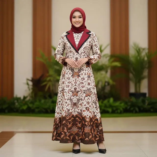 Model Gamis Batik Blazer Kombinasi Warna Kontras