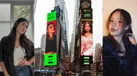 Wajah Raisa dan Nadin Amizah yang terpampang di Times Square New York. (Instagram/@raisa6690/@cakecaine)
