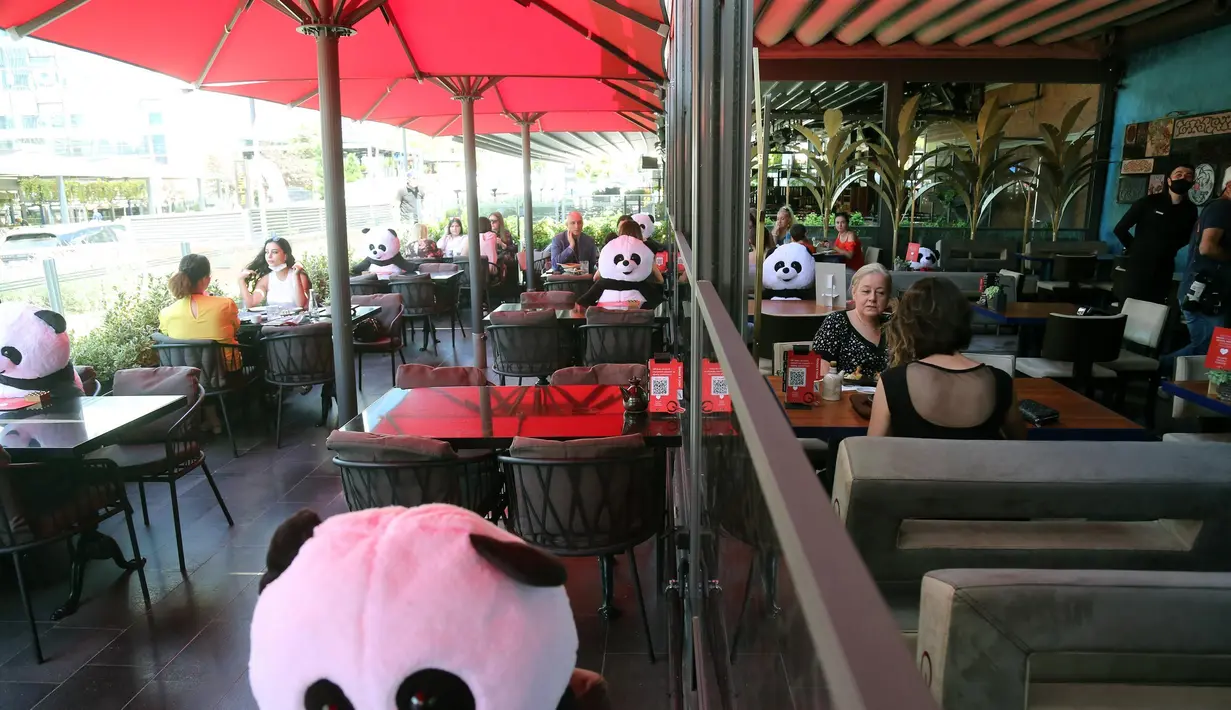 Boneka panda digunakan untuk membantu para pelanggan mempraktikkan jaga jarak sosial saat makan di sebuah restoran di Ankara, Turki (1/7/2020). Kasus COVID-19 di Turki bertambah 1.192 pada Rabu (1/7), sehingga total kasus terkonfirmasi menjadi 201.098. (Xinhua/Mustafa Kaya)
