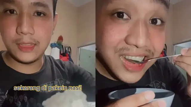 Seorang pria review makanan kucing pakai nasi.