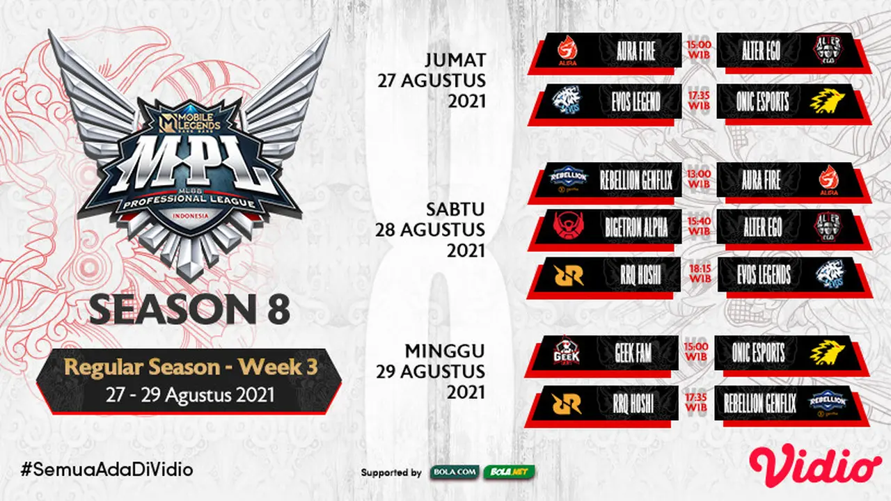 Jadwal dan Live streaming MPL Indonesia Season 8 Pekan Ini di Vidio, 27-29 Agustus 2021