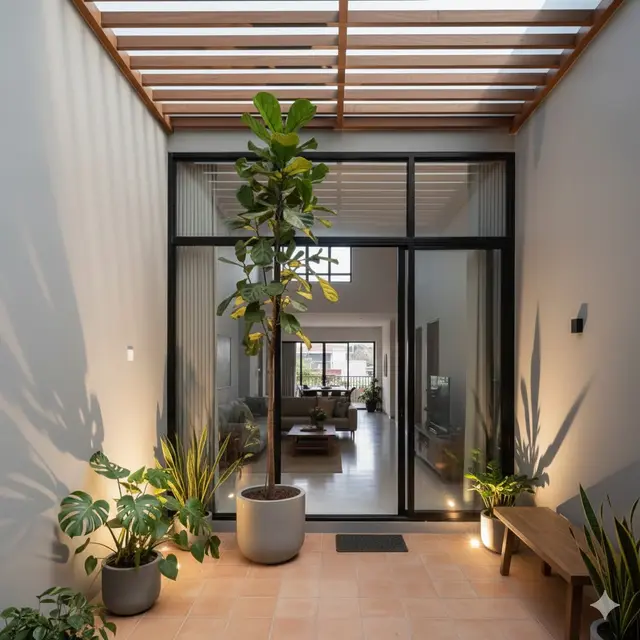 Teras rumah dengan Lampu Hias Outdoor dan Tanaman (Gemini AI)