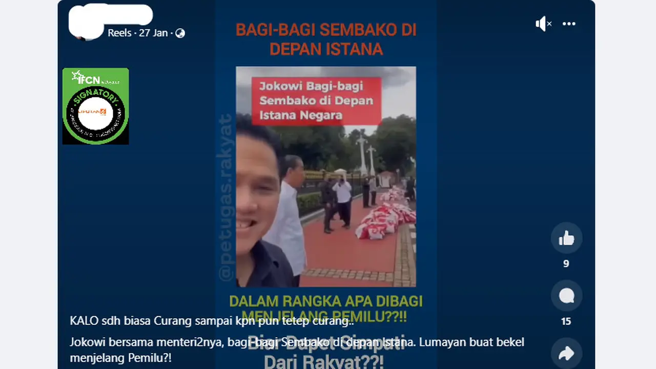 Tangkapan layar klaim video Presiden Jokowi bagikan sembako di depan istana dalam rangka Pemilu