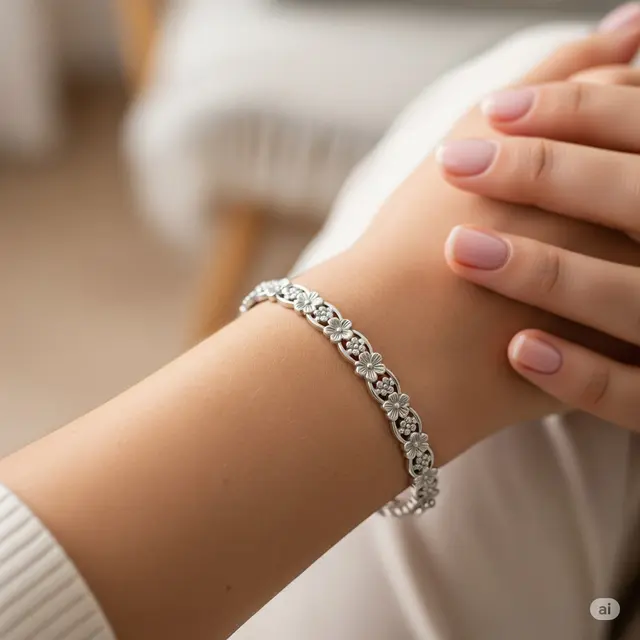 Gelang Emas Putih Motif Floral Tipis