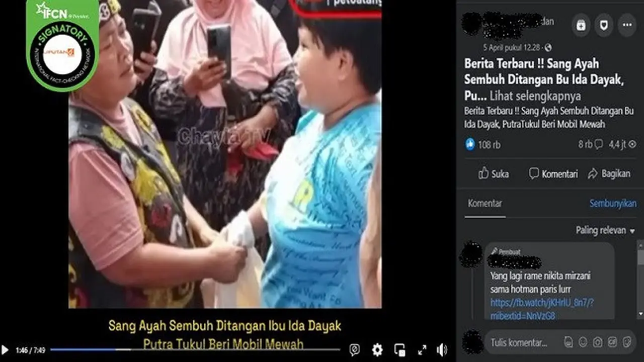 Gambar Tangkapan Layar Kabar Hoaks Ida Dayak Menyembuhkan Artis Tukul Arwana dari Penyakitnya dan Diberi Hadiah Mobil Mewah (sumber: Facebook).