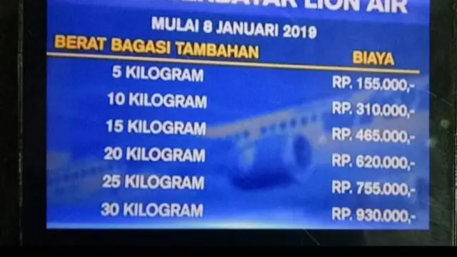 Besaran Tarif Bagasi Maskapai Lion Air yang beredar di Media Sosial. Istimewa
