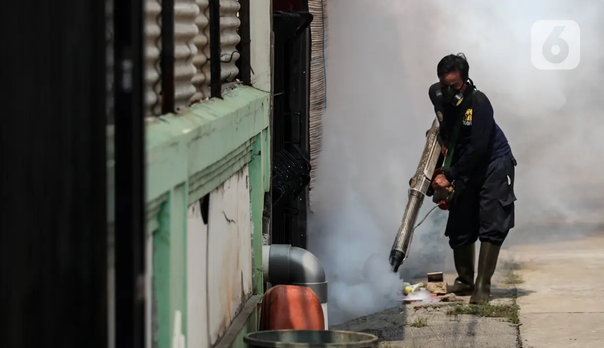 Petugas melakukan penyemprotan (fogging) untuk memutus siklus hidup nyamuk Demam Berdarah Dengue (DBD) di perumahan Jalan Delima Raya, Jakarta Barat, Senin (25/10/2021). Penyemprotan guna mencegah berkembangnya penyakit demam berdarah yang kerap muncul saat perubahan musim (Liputan6.com/Johan Tallo)