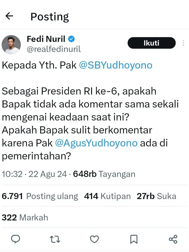 Unggahan Fedi Nuril. (Foto: Dok. Twitter @fedinuril)