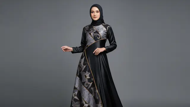Gamis Batik Hitam Kombinasi Satin Motif Geometris