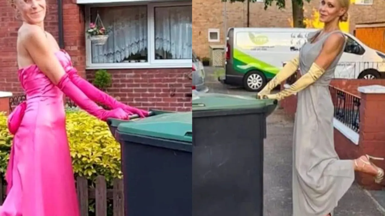 Seorang ibu pakai rok mewah saat membuang sampah.
