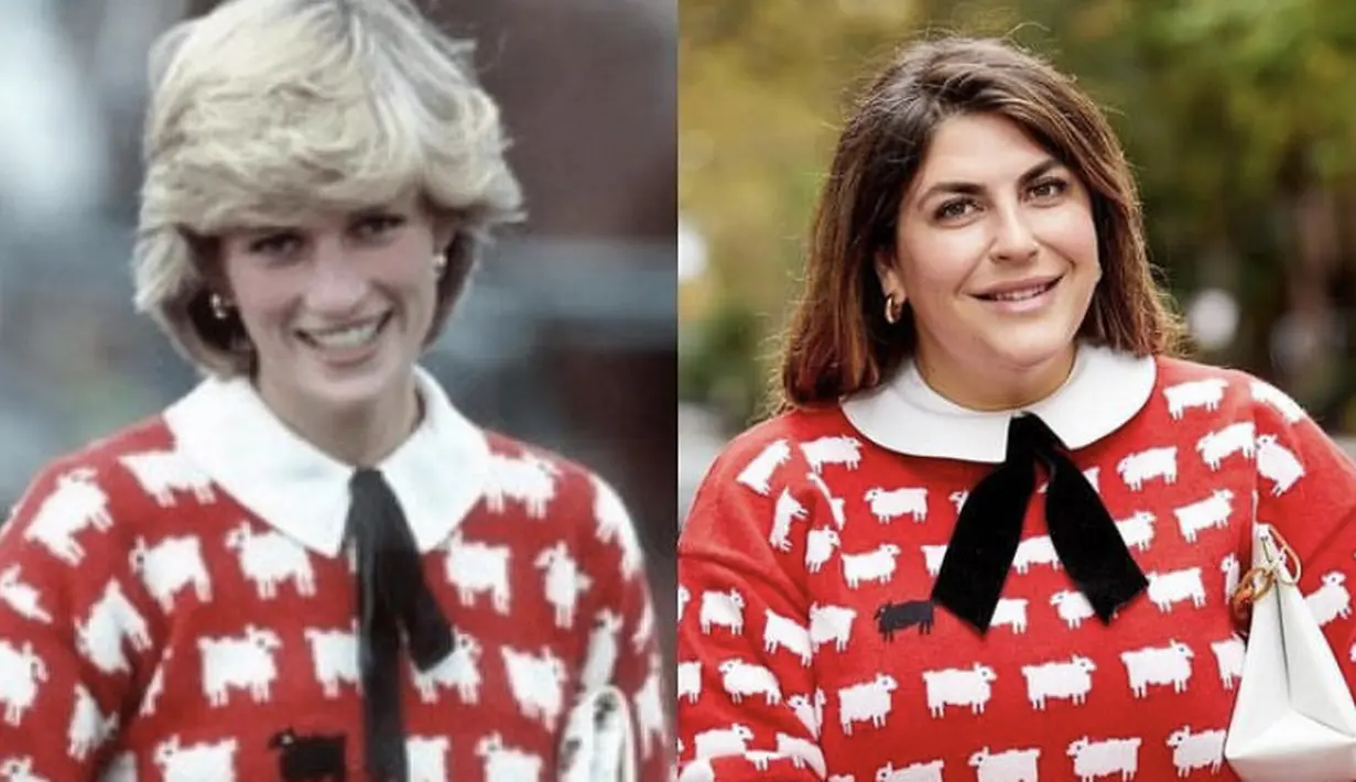 Bahkan, pakaian sweater merah dengan gambar domba mirip Putri Diana pun ia kenakan. Lengkap dengan clutch dan aksesori gelang dan cincinnya. Instagram @katiesturino