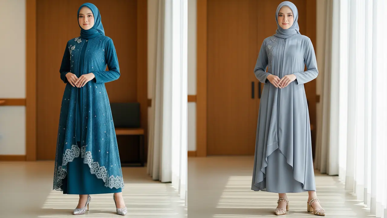 Model Gamis Teal Blue dan Ash Blue