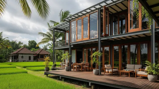 Rumah Tropis Modern dengan Rangka Baja Ringan dan Teras Kayu