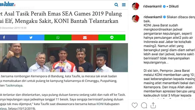 Postingan Gubernur Jawa Barat Ridwan Kamil di akun Instagramnya terkait polemik kepulangan atlet SEA Games asal Tasik yang menumpang angkot. (Instagram/@ridwankamil)