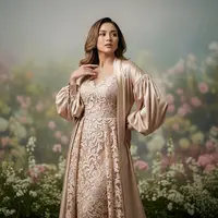 Long Dress Brokat Kombinasi Outer Satin Lengan Balon (Sumber: gemini.com)