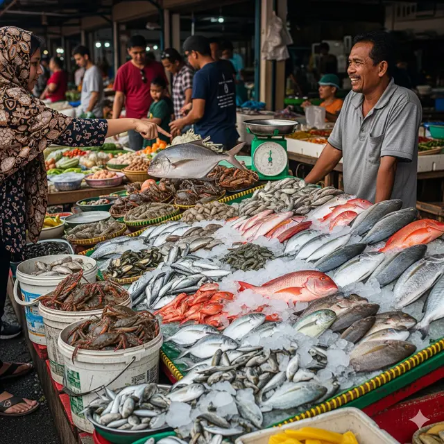 Ilustrasi penjual seafood di Pasar.