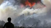 Seorang relawan melihat kebakaran hutan yang melanda Bukit San Marcos di wilayah munisipalitas Villa de Leyva, Departemen Boyacá, Kolombia, pada 20 September 2026.(LUIS LIZARAZO / AFP)