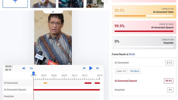 Audio dalam video klaim Purbaya membagikan bantuan THR menunjukkan hasil AI. (Foto: tangkapan layar Hive moderation)