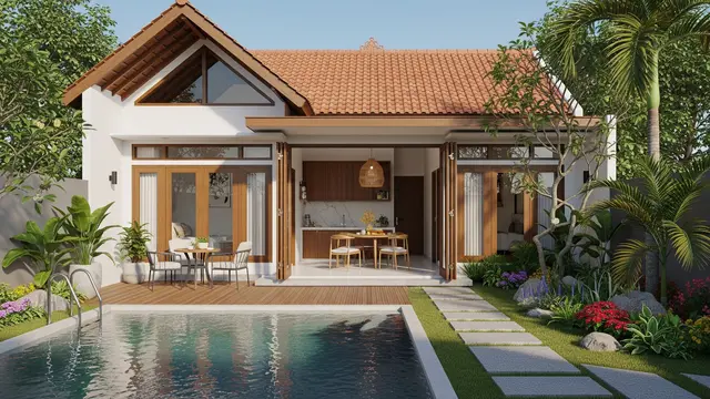 Rumah 6x9 dengan Teras Menghadap Kolam dan Kebun Mini yang Cocok untuk 3-4 Anggota Keluarga