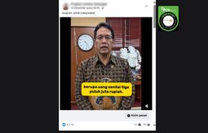 Tangkapan layar klaim video Menkeu Purbaya Yudhi Sadewa membuka program bantuan senilai Rp 30 juta yang beredar di Facebook.