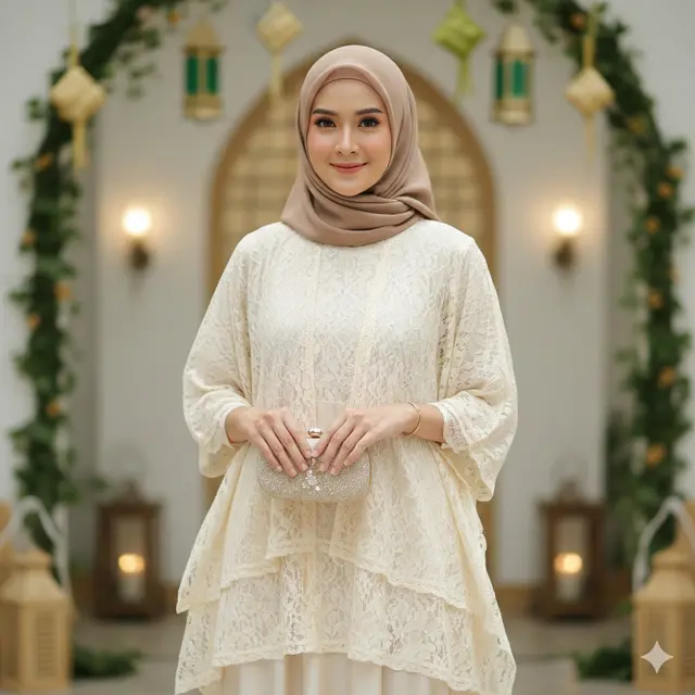 Gamis Brokat 2 Layer Warna Netral (Foto: Gemini AI)