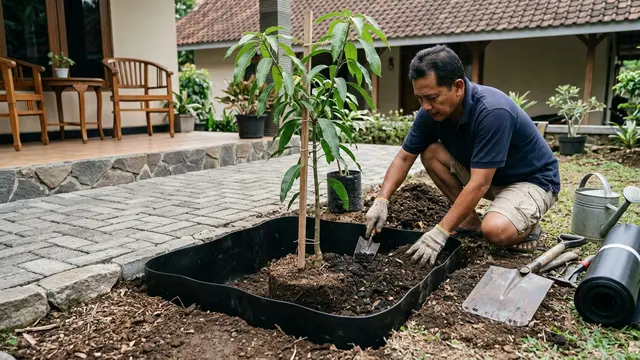 Cara Menanam Pohon Buah Dekat Teras agar Akar Tidak Mudah Mengganggu Paving Rumah (AI Generated)
