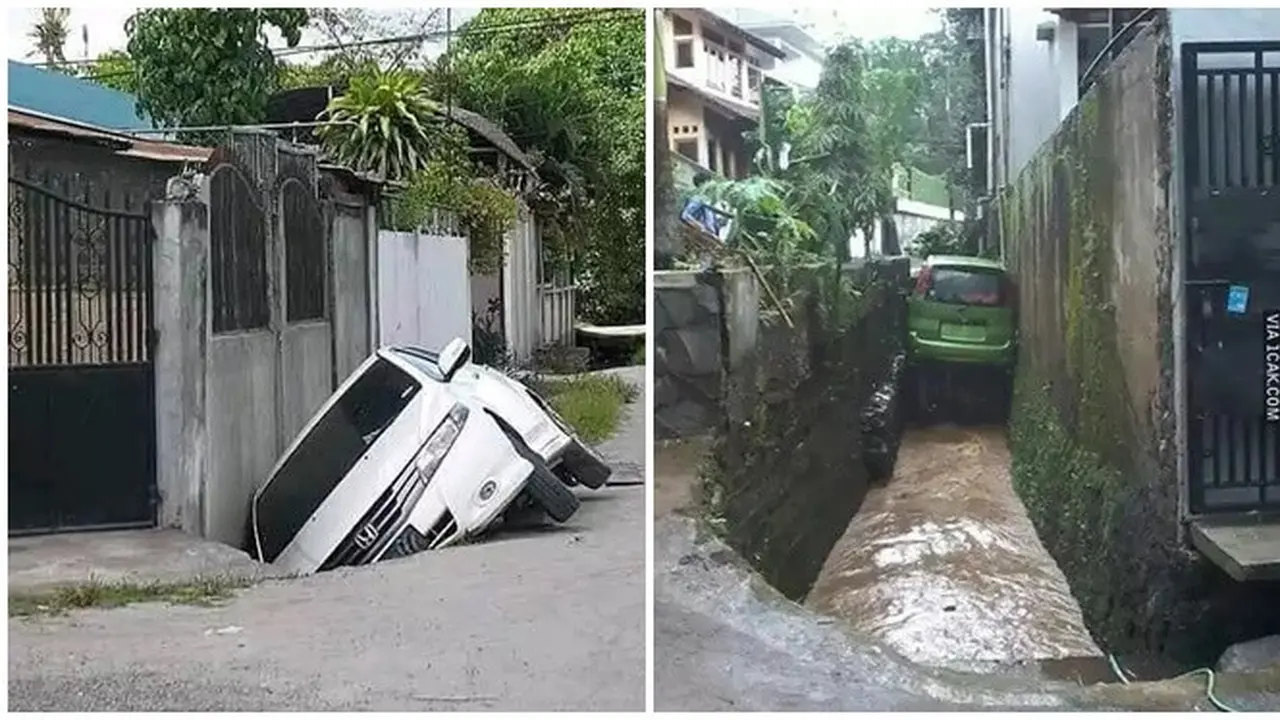 6 Potret Apes Mobil Masuk Selokan,