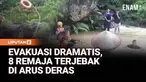 Delapan remaja terjebak air bah di aliran Sungai Bangek, Kecamatan Koto Tangah, Padang, Sumatra Barat, pada Senin sore. Mereka terpaksa dievakuasi tim SAR gabungan menggunakan tali akibat arus sungai yang tiba-tiba deras setelah hujan mengguyur kawas...