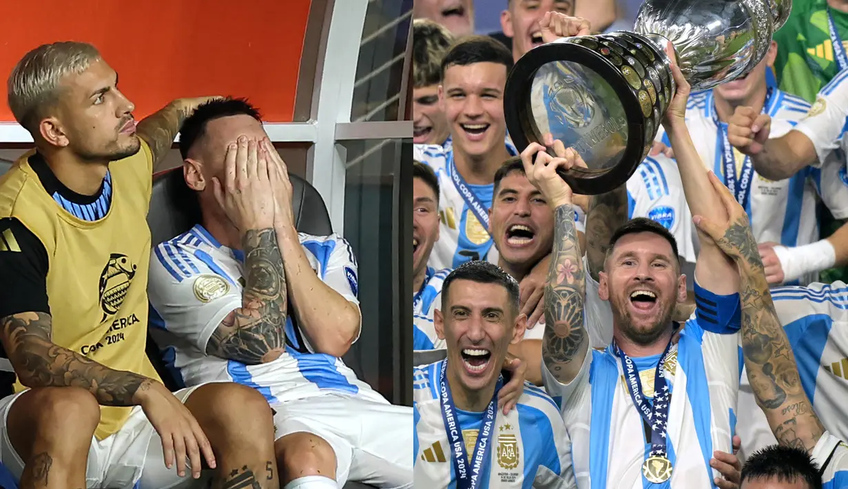 Lionel Messi berhasil membawa Argentina mempertahankan gelar juara Copa America setelah mengalahkan Kolombia dengan skor 1-0 pada Senin (15/07/2024). Sayangnya, Messi tak mampu menyelesaikan pertandingan secara penuh setelah mengalami cedera. La Pulga tampak sangat sedih ketika digantikan Nicolas Gonzalez pada menit ke-66. Ia meneteskan air mata ketika duduk di bangku cadangan. Namun, ekspresi yang berbeda ditunjukkan Messi setelah Argentina berhasil menyegel kemenangan melalui gol Lautaro Martinez. Ia tampak sangat bahagia dengan senyum lebarnya ketika mengangkat trofi Copa America 2024. (AFP/Charly Triballeau dan AP Photo/Rebecca Blackwell)