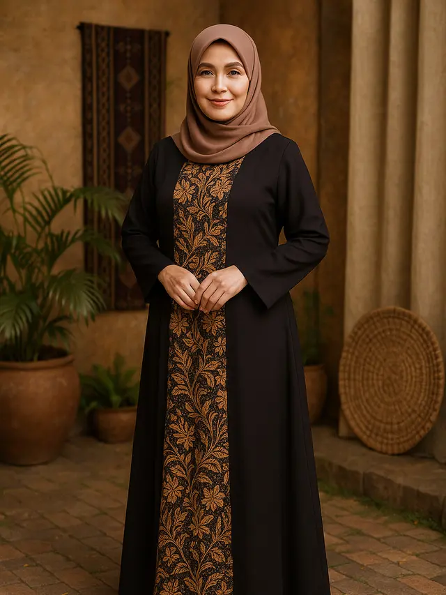 Model Gamis Batik Ibu-Ibu Umur 50 Tahun Kombinasi Kain Polos