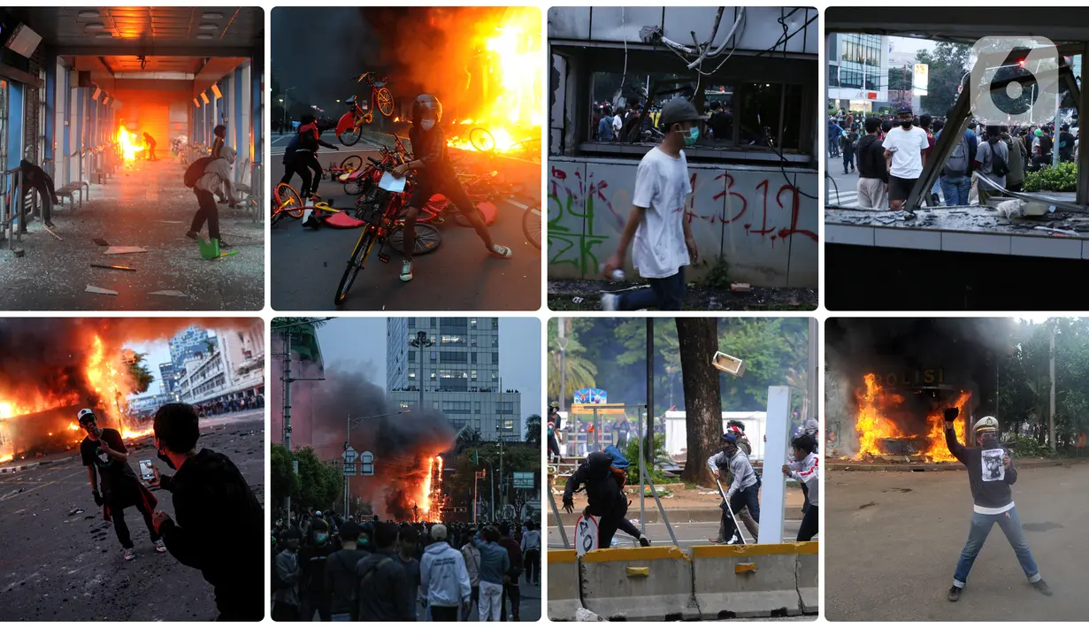 Foto kombinasi memperlihatkan aksi anarkis massa saat demonstrasi menolak UU Cipta Kerja di sejumlah wilayah Jakarta. (merdeka.com/Arie Basuki, Liputan6.com/Helmi Fithriansyah, Liputan6.com/Faizal Fanani)