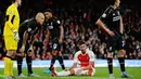 Ekspresi striker Arsenal, Olivier Giroud, setelah gagal memanfaatkan peluang di depan gawang Liverpool. (Action Images via Reuters/Tony O'Brien)