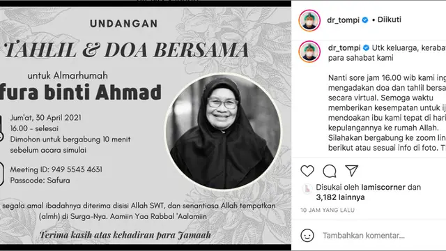 7 Hari Meninggalnya Ibunda, Tompi Gelar Doa dan Tahlil Secara Virtual. (instagram.com/dr_tompi)
