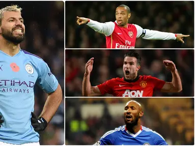 Sergio Aguero mencetak rekor sebagai pemain asing dengan jumlah gol terbanyak di Premier League. catatan 177 gol Aguero, mengalahkan rekor sebelumnya yang dipegang Thierry Henry dengan 175 gol. Berikut 10 pemain asing dengan gol terbanyak di Premier League. (kolase foto AFP)