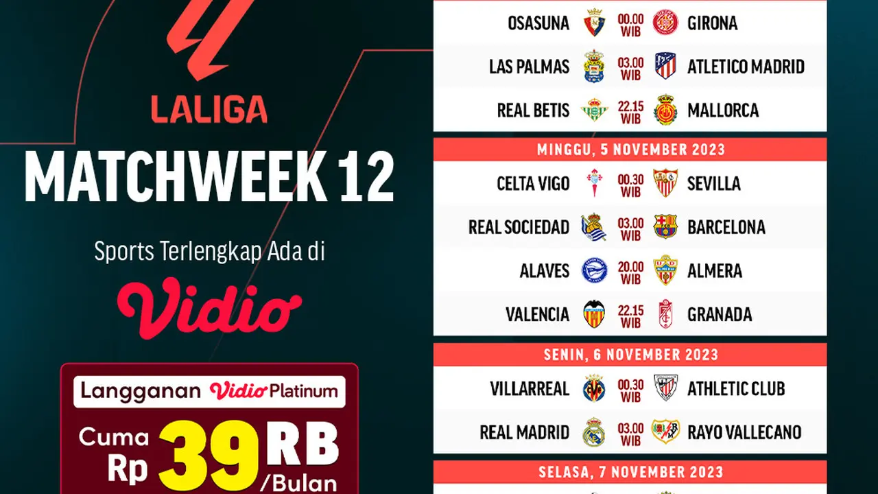 Jadwal dan Link Streaming LaLiga 23/24: MW 12 di Vidio