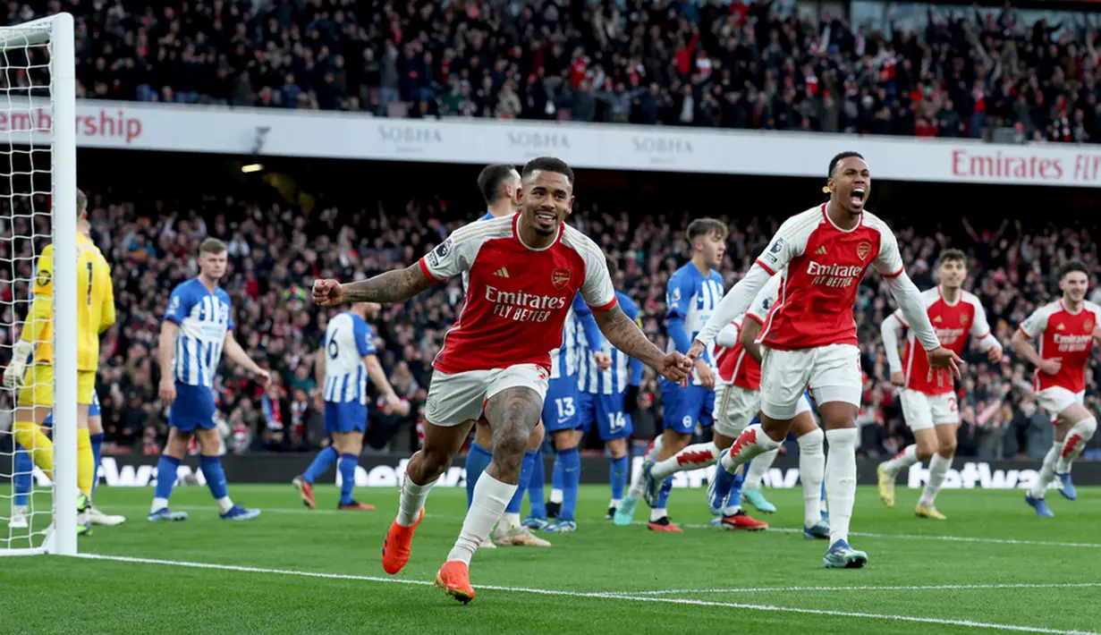 Gabriel Jesus mencatatkan nama di papan skor pada menit ke-53 memanfaatkan kegagalan pertahanan Brighton mengantisipasi sepak pojok. (AP Photo/Ian Walton)