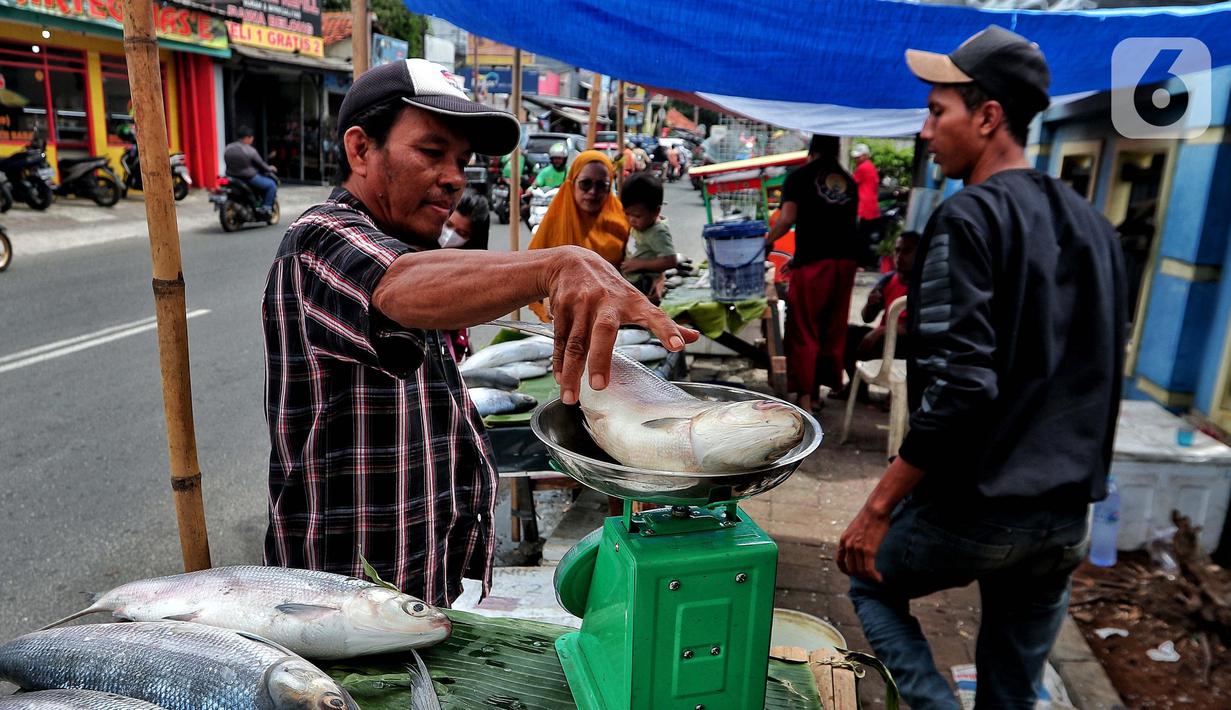 Pedagang menimbang ikan bandeng yang di jual di Rawa Belong, Jakarta, Jumat (20/1/2023). Penjual bandeng musiman ini menjual daganganya jelang perayaan Imlek yang dijual dengan harga mulai dari Rp. 50.000 hingga Rp. 90.000 per kilonya. (Liputan6.com/Angga Yuniar)
