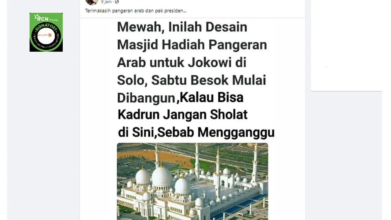 Cek Fakta Liputan6.com menelusuri klaim artikel terkait desain masjid hadiah Pangeran Arab