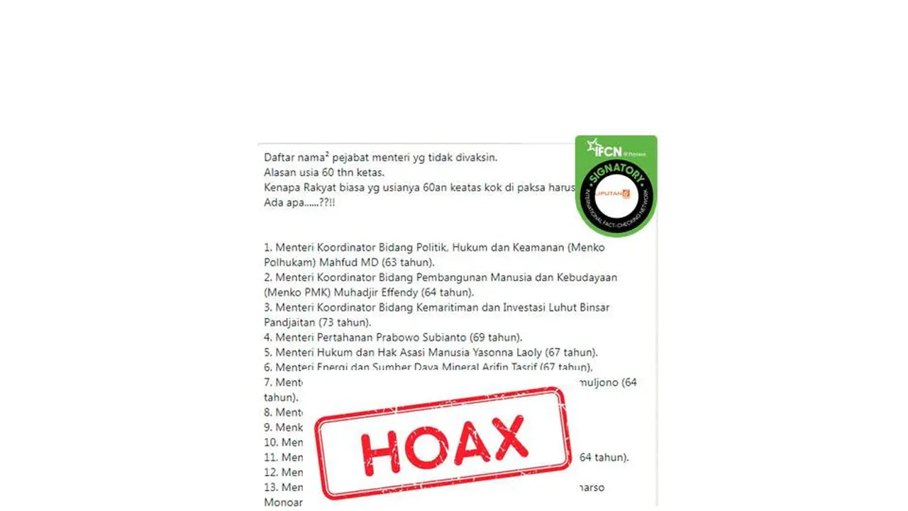Cek Fakta Menteri lansia tidak divaksin covid-19