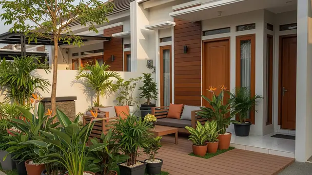 desain kebun rumah tropis di halaman depan yang mudah dirawat