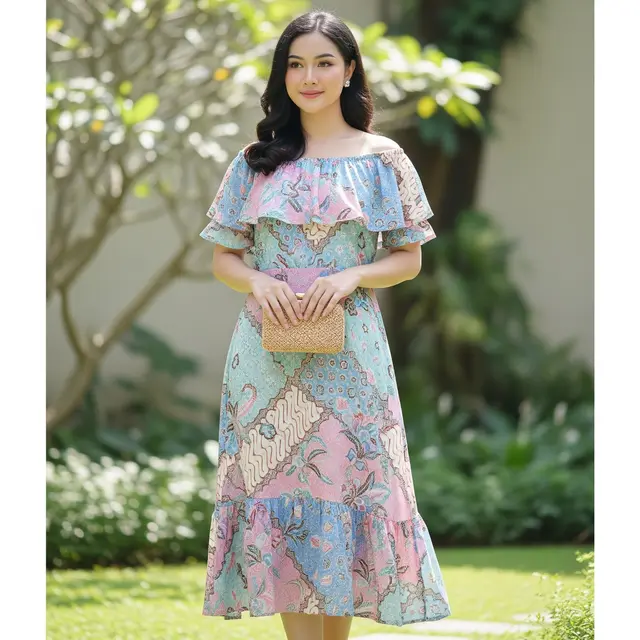 Midi Dress Batik Sabrina dengan Detail Ruffle
