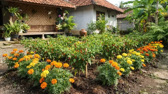 Tanaman marigold sebagai pelindung kebun cabai rumahan.