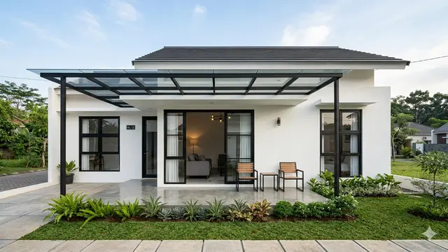 Desain Rumah Kecil 6x10 dengan Taman Depan Mini dan Kanopi. Gemini