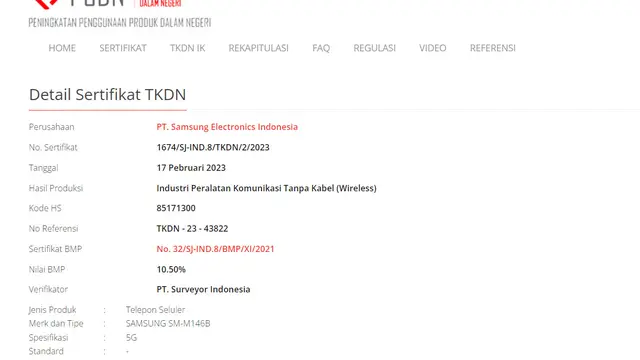 Sertifikat TKDN Galaxy M14 5G