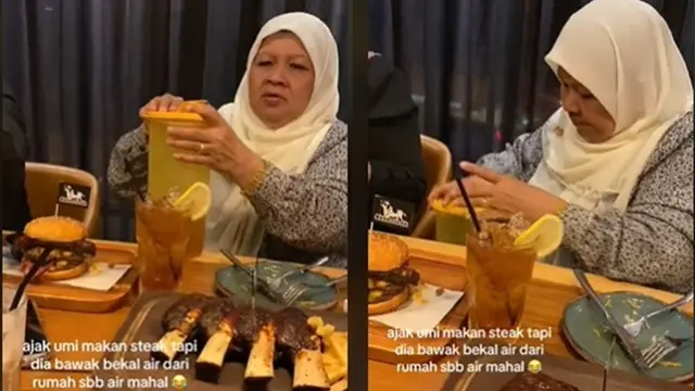 Aksi Emak-Emak Bawa Botol Minuman Ukuran Besar ke Restoran Steak Ini Jadi Sorotan